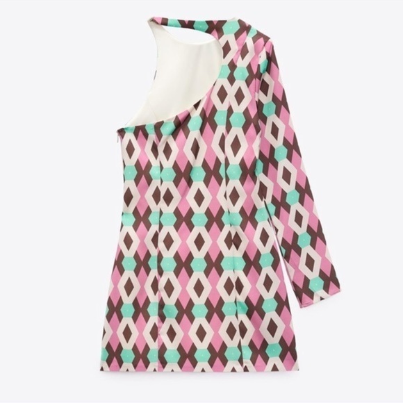 Zara Retro Asymmetrical Satin Effect Print Dress Geometric Pattern - Picture 5 of 10